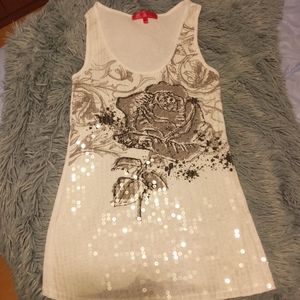 Almost Famous White and Gray Sequin Rose Tank Top